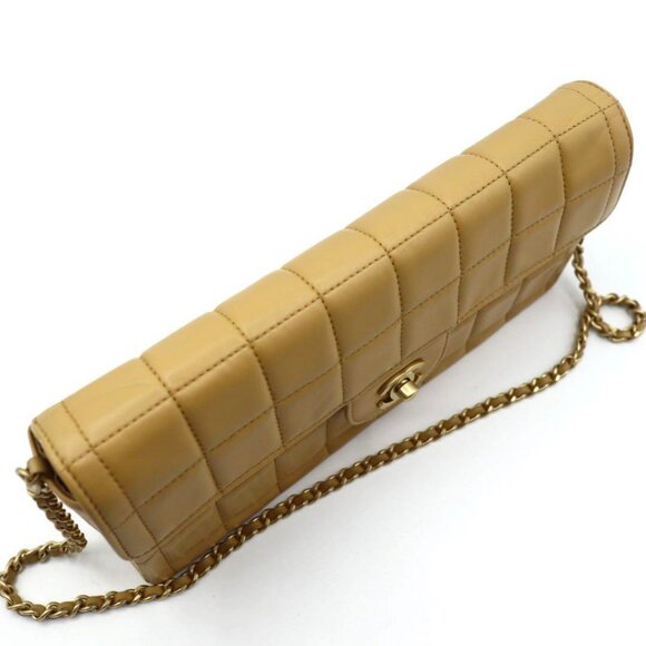 Authentic CHANEL CC Lambskin East West Chocolate Bar Purse Flap Chain Beige Gold - Picture 3 of 14
